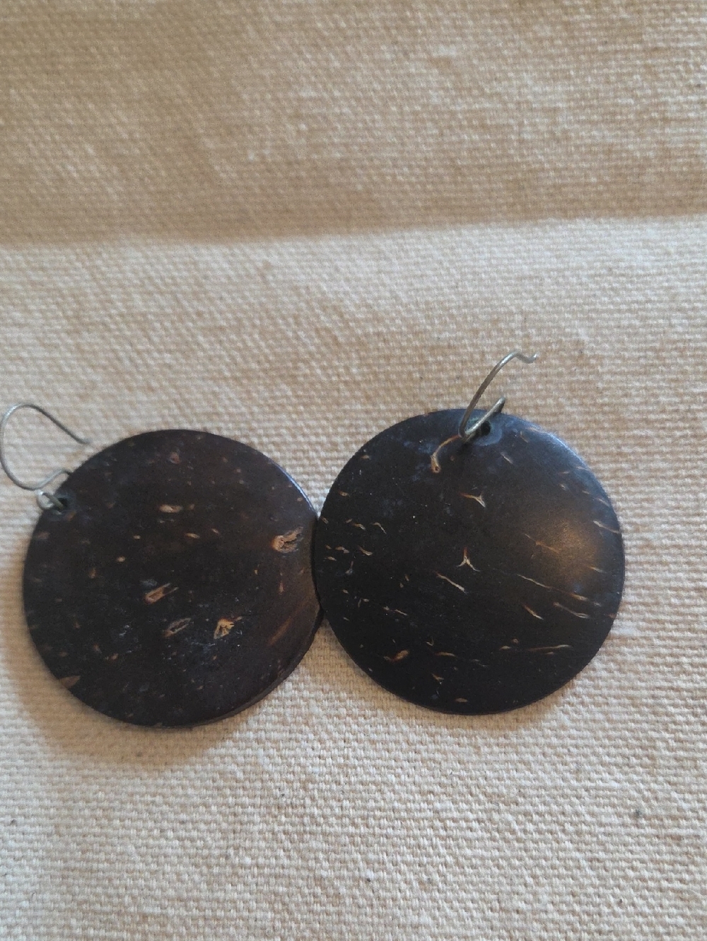 Natural Dark Brown Coconut Shell Disc Drop Earrings